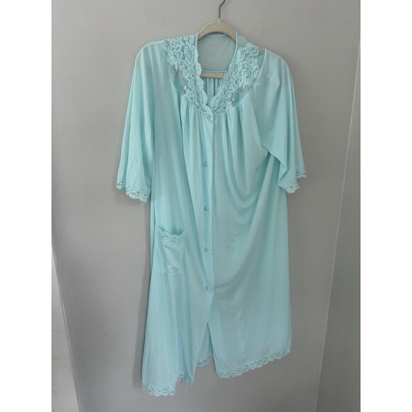 Vintage Shadowline Nightgown/ Robe Med Embroidered Lace Aqua Green Blue - Picture 1 of 8